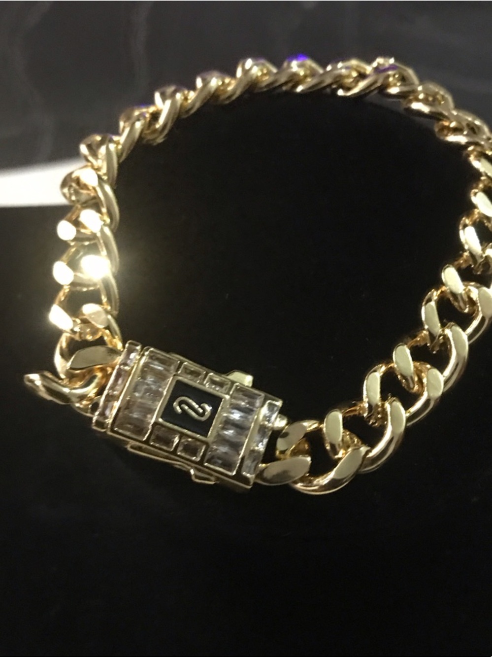 Fashion Jewelry Gold-Tone Link Bracelet with Black Enamel Clasp